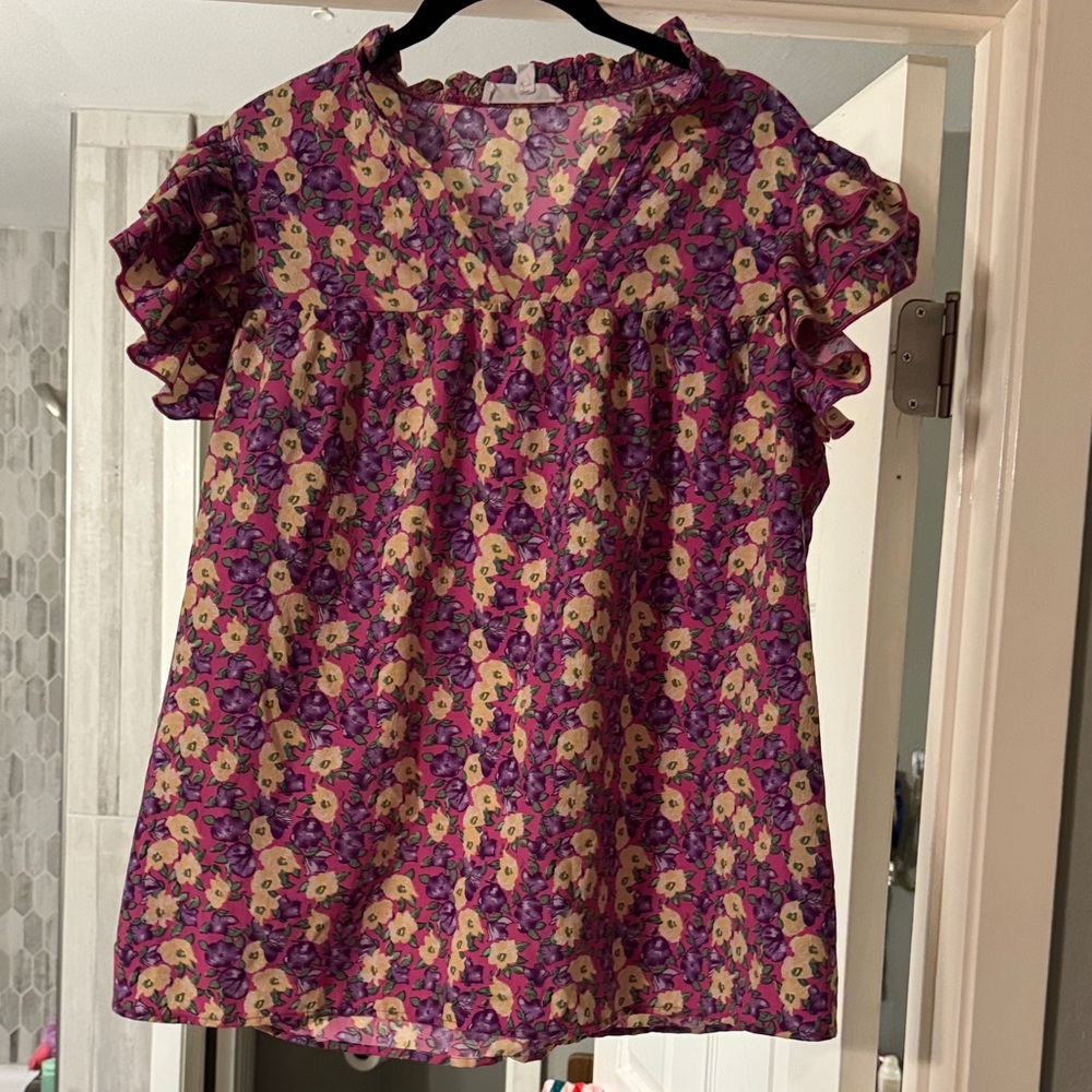 Floral Ruffle Sleeve Blouse - Purple and Cream